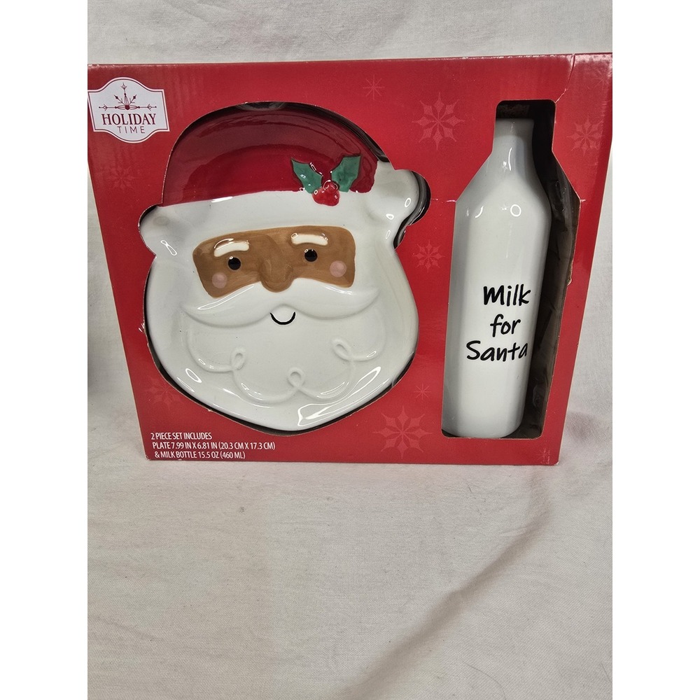 Holiday Time Cookies for Santa Set 2 Piece Ceramic‎ Plate and Milk Bottle New